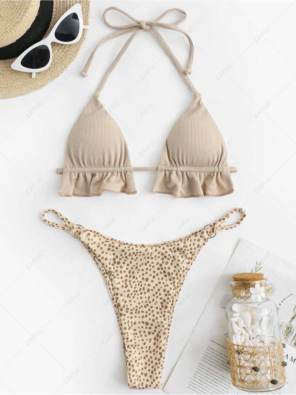 Women’s Nude/Tan, Ribbed, Cheetah/Leopard Print Zaful Bikini (size L, NWT!)